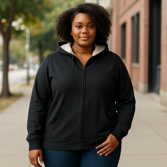 Basic Editions Womens Hooded Jacket 3X Black Fleece Lined Cotton Blend Outdoor - Picture 1 of 7